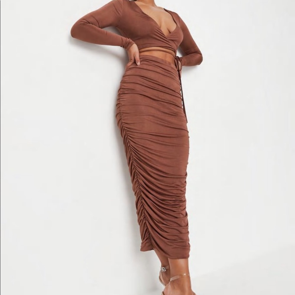 Chocolate Slinky Ruched Midi Skirt